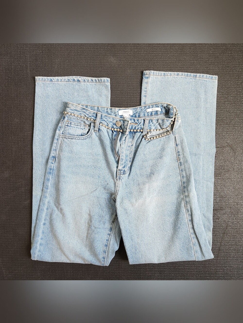 FOREVER 21 Light Indigo Rhinestone Low Rise Wide Leg Jeans, Size 24